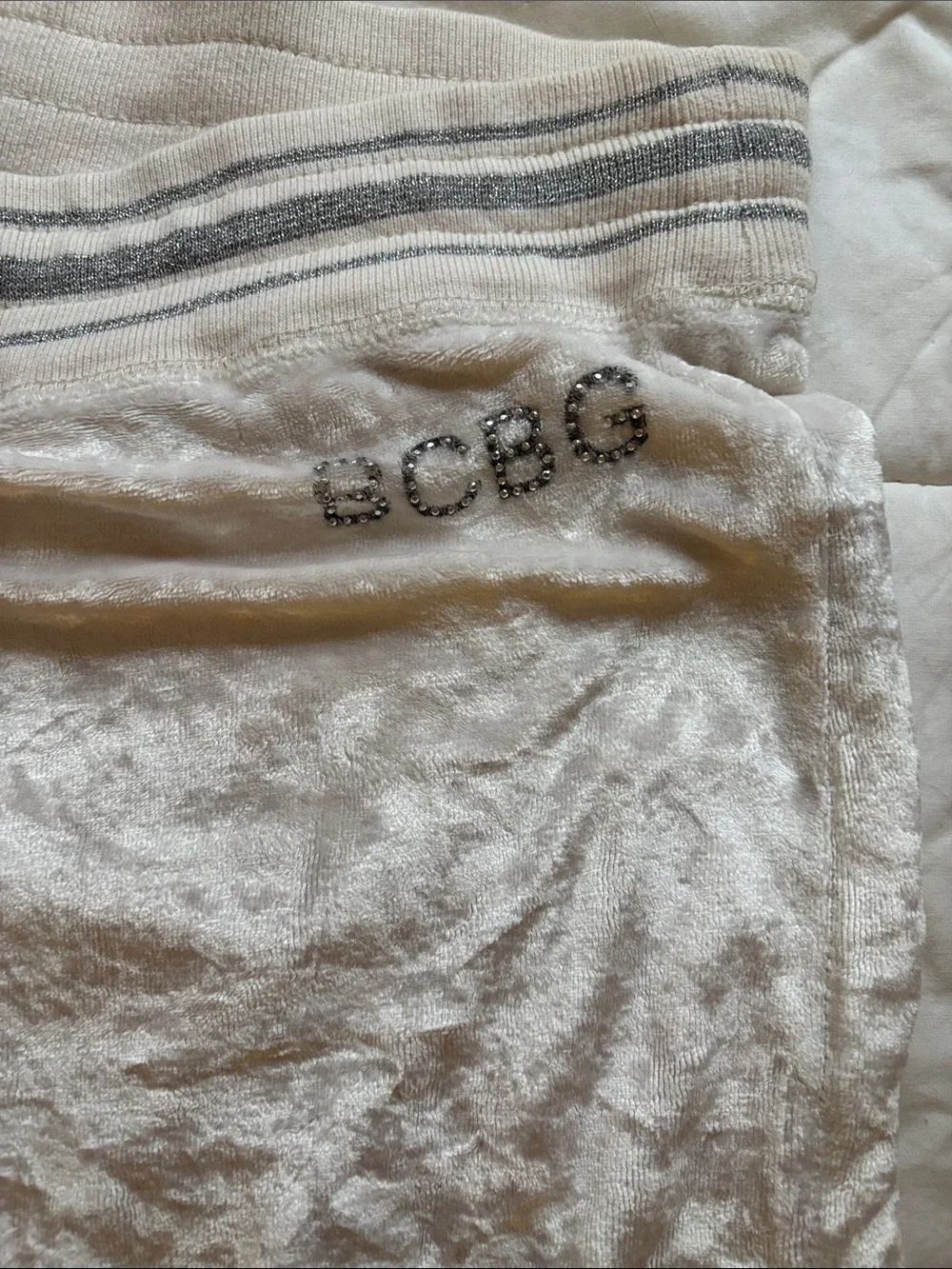 BCBGMaxAzria Silver Velvet Lounge Pants with Black Embroidered Snake